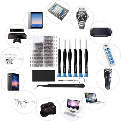 All-In-One Eyeglasses Repair Kit with Over 1000 Screws, 6 Precision Screwdrivers, Tweezers, Nuts, Caps, Washers, Cleaning Cloth