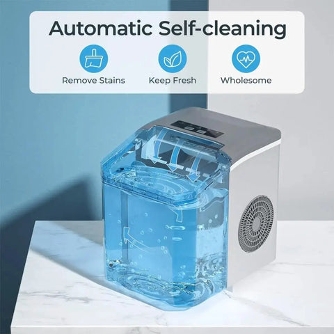 Automatic self-cleaning Compact Countertop Ice Maker Crafting Quick Bullet Ice In Six Minutes Flat with water reservoir visible.