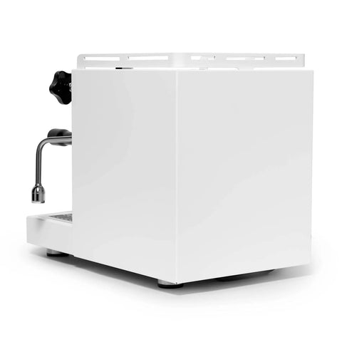 Next Level Home Bar Essentials Italian Handcrafted Espresso Machine With Heat Exchanger And E61 Manual Controls Badass Stainless Steel Chassis three liter tank in fresh white finish.
