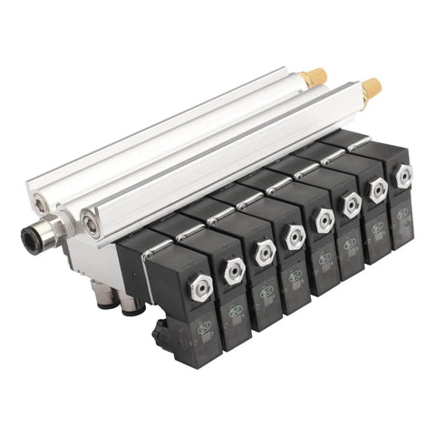 Eight Port Pneumatic Solenoid Valve Set With Two Position Five Way Base Muffler Quick Fittings PT One Eighth Inch DC Twenty Four Volt Solenoid