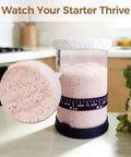 Pro Sourdough Bread Starter Kit With 34 Oz Jar Funnel Opening Silicone Cover on kitchen counter showing active dough