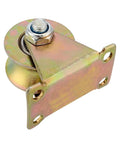 Close-up of Six Piece Two Inch Steel U Groove Wheels With Brackets for Sliding Gate Rollers and Wire Rope Tracks.