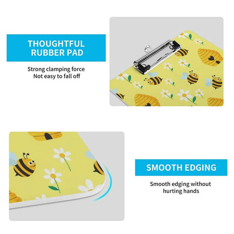 Honey Bee Print Sturdy Acrylic Clipboard For A4 Papers, Clear Desk Organizer With Smooth Writing Surface, Real Deal Heavy Duty See Through Clipboard For School, Office, Or Home, Fits US Letter And A4, close-up of bee print and clip