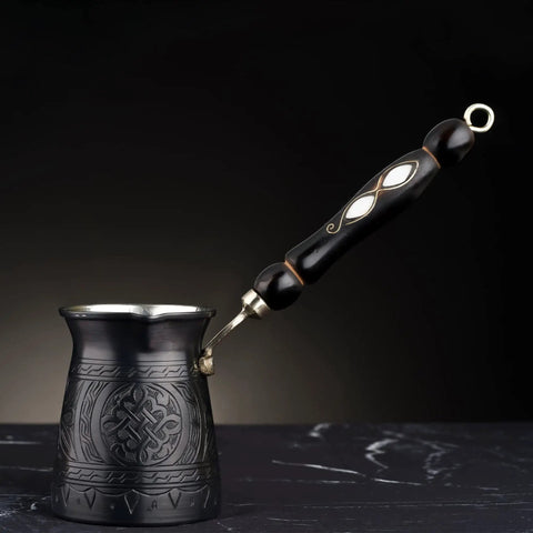 Hand Hammered Copper Turkish Coffee Pot 12 Oz With Wooden Handle And Wooden Spoon, Stovetop Cezve Ibrik Briki For Four Servings