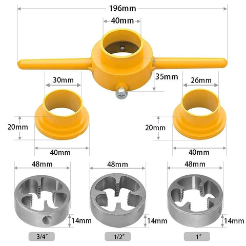 PVC Pipe Die Set Six Piece Round Die Kit For PVC Threading With Three NPT Dies One Half Inch Three Quarter Inch And One Inch Manual Pipe Threader Tool For Plumbing