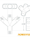 Technical diagram of a Three Way Dust Collection Fitting For 4 Inch Hose And Cuff One Pack Black with dimensions and angles.