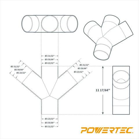 Technical drawing of Heavy Duty Three Way Dust Collection Fitting With Y Shaped Splitter showing dimensions and angles.