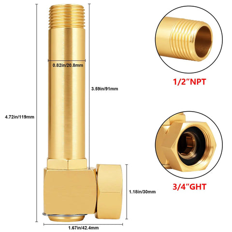 Brass Garden Hose Reel Replacement Fitting Three Quarter Inch GHT Female To One Half Inch NPT Male Swivel Elbow Adapter 4.72 Inch Length 1 Pack Includes Gasket Set And Sealing Tape For Leak Free Installation, brass adapter with 3/4 GHT and 1/2 NPT threads
