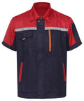 Men Heavy Duty Mechanic Uniform Short Sleeve Work Shirt Built Tough Contrast Utility Top With Safety Reflective Stripes Zip Front Drop Collar Red Navy Blue Job Site Staple, short sleeve design with pockets and zip front.