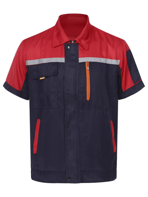 Men Heavy Duty Mechanic Uniform Short Sleeve Work Shirt Built Tough Contrast Utility Top With Safety Reflective Stripes Zip Front Drop Collar Red Navy Blue Job Site Staple, short sleeve design with pockets and zip front.