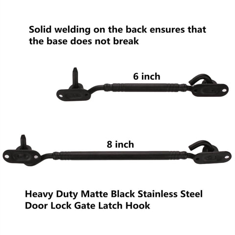 8 Inch Heavy Duty Barn Door Hook And Eye Latch, Solid Extra Thick Sliding Door Lock For Barn Gate Privacy, Black Finish, Rust Resistant Core And Durable Construction For Long Lasting Use, shown with 6 inch hook option