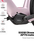 Featherlight Full Carbon Fiber Electric Bike With A Heckin Clean Ride, 500 Watt Pedal Assist Motor And Dope 75 Mile Battery Range, Class 1 Urban Commuter Ebike close-up of 500W Okwear AP70 motor and pedal assist features.