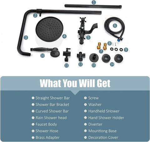 Components of Oil Rubbed Bronze Shower Faucet Set With Hand Sprayer And Tub Spout 12 Inch Extension Tube Included 8 Inch Rainfall Shower Head
