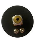 Back view of 1.57-inch pressure gauge replacement with brass 1/4 in NPT fitting and two screws on black mounting plate