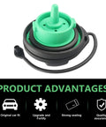 Green and black fuel tank cap for Volkswagen and Audi with strong sealing, durable design. Durable Fuel Tank Cap Replacement For Volkswagen And Audi Black Gas Filler Cap 5C0201550T 5Q0201550L Tight Seal Waterproof Dustproof No Fuss Leak Free Easy Install For Long Lasting Performance.