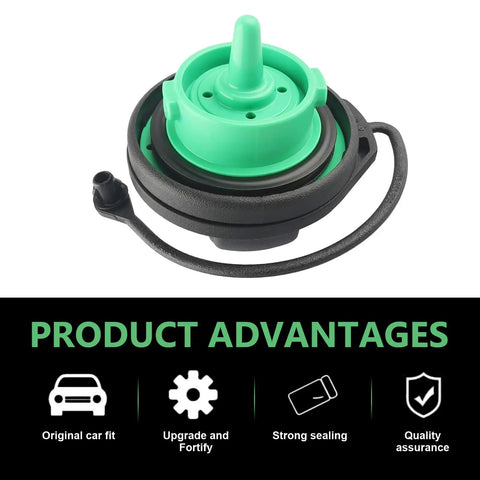 Green and black fuel tank cap for Volkswagen and Audi with strong sealing, durable design. Durable Fuel Tank Cap Replacement For Volkswagen And Audi Black Gas Filler Cap 5C0201550T 5Q0201550L Tight Seal Waterproof Dustproof No Fuss Leak Free Easy Install For Long Lasting Performance.