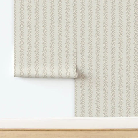 Close-up of Real Deal Botanical Stripe Wallpaper With Killer Linen Texture And Hella Durable Matte Finish For Kitchens And Bathrooms.