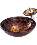 USZWBY Artistic Vessel Sink Bathroom Tempered Glass Vanity Sink, Round Bowl with Waterfall Faucet Chrome and Pop Up Drain Combo, Above Counter Household Lavatory Bowl, Flame Bro in amber and brown tones.