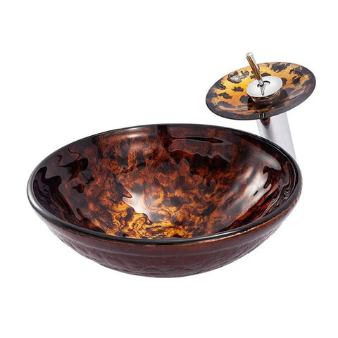 USZWBY Artistic Vessel Sink Bathroom Tempered Glass Vanity Sink, Round Bowl with Waterfall Faucet Chrome and Pop Up Drain Combo, Above Counter Household Lavatory Bowl, Flame Bro in amber and brown tones.