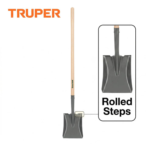 Square Point Shovel With 45 Inch Wood Handle And 9 Inch Cushion Grip Rolled Steel Blade For Easy Scooping And Transfer Of Soil