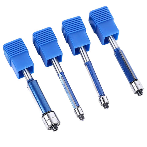 Rock Smooth Sights With This 4Pcs Flush Trim Bit Set For Your Router Featuring A Solid 6Mm Shank And Double Bearing Design That Cuts Clean Edges Without Wobble So You Can Finish Your Woodworking Projects Like A Total Champ Tonight. Four flush trim bits with blue rubber grips, 6mm shank, designed for clean cuts.