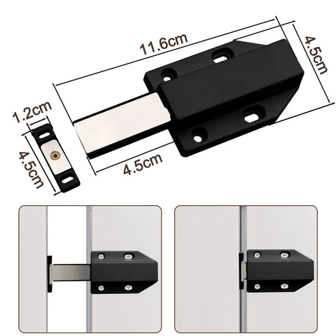 4 Pack Magnetic Push Latch Cabinet Hardware No Fuss Push To Open Touch Latch For Doors And Drawers Black Press To Open Built In Spring Mechanism Easy Install With Base Screws shown with dimensions and examples in use