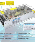 Front view of 24V 10A Switching Power Supply Regulator For LED Strip And LED Display And 3D Printer, metal casing.