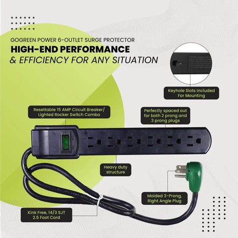 2.5 Ft Surge Protector With 6 Outlets And Right Angle Plug 15 Amp Circuit Breaker 90 Joules Of Protection Heavy Duty Black Power Strip