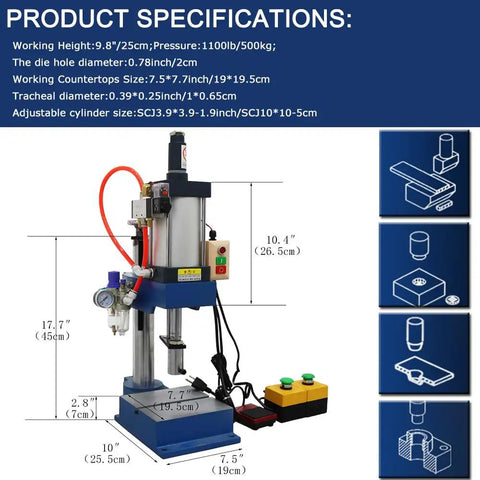 Heavy Duty Pneumatic Punch Press Desktop Sheet Metal Hole Puncher With Adjustable Cylinder Stroke No Sweat Operation and Rock Solid Anti Rotation Guide Rails with specifications