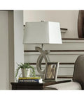 Modern 28 Inch Art Sculpted Table Lamp Two Pack in Silver Finish With White Rectangular Shade Resin Base Lit Living Room Lighting And Bedroom Decor Set Of Two