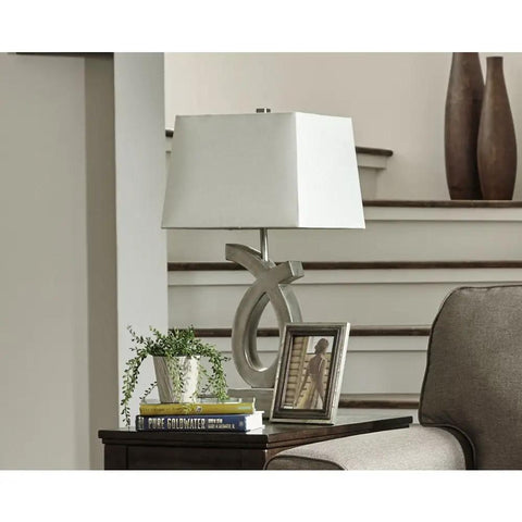 Modern 28 Inch Art Sculpted Table Lamp Two Pack in Silver Finish With White Rectangular Shade Resin Base Lit Living Room Lighting And Bedroom Decor Set Of Two