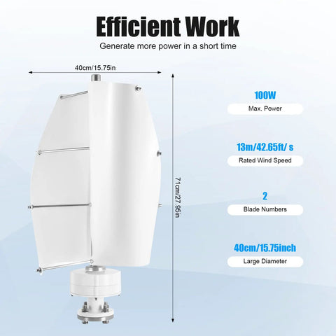 100W Vertical Axis Wind Turbine Kit With Controller And 2 Blades For Home Use, showing dimensions and features on blue background