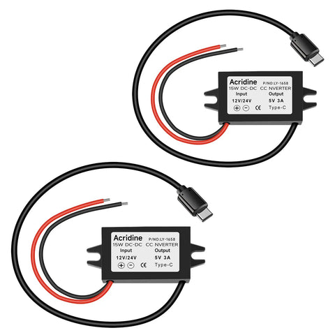 Two Rugged 12V/24V To 5V USB C Buck Converter 3A 15W Type C Output Waterproof Charging Modules with cables
