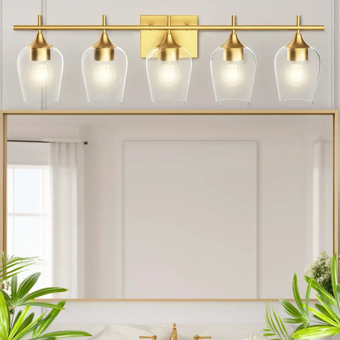 5 Light Gold Vanity Light Fixtures Over Mirror With Bell Glass Shades Industrial Modern Mid Century Wall Lamps