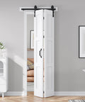 White Bifold Barn Door For Closet With Solid MDF Build And Waterproof PVC Surface, Double Panel 30x84 Sliding Bi Fold Door Installed