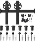 Heavy Duty Boss Grade Black Barn Door Hardware Kit For Wood Sliding Doors Five To Sixteen Feet Flat Track System With Big Spoke Wheel Rollers Carbon Steel Build Dual 3.75 Foot Tracks Ideal For Closet Or Garage Use