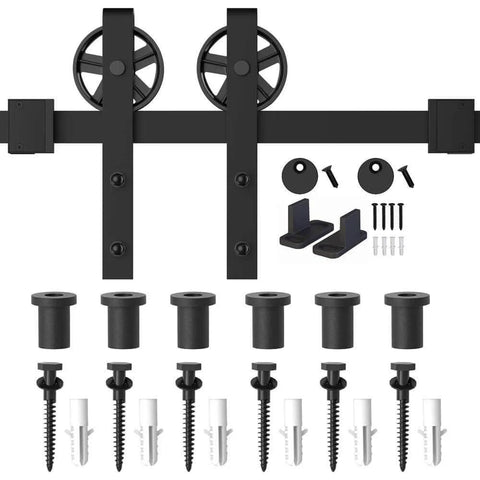 Heavy Duty Boss Grade Black Barn Door Hardware Kit For Wood Sliding Doors Five To Sixteen Feet Flat Track System With Big Spoke Wheel Rollers Carbon Steel Build Dual 3.75 Foot Tracks Ideal For Closet Or Garage Use