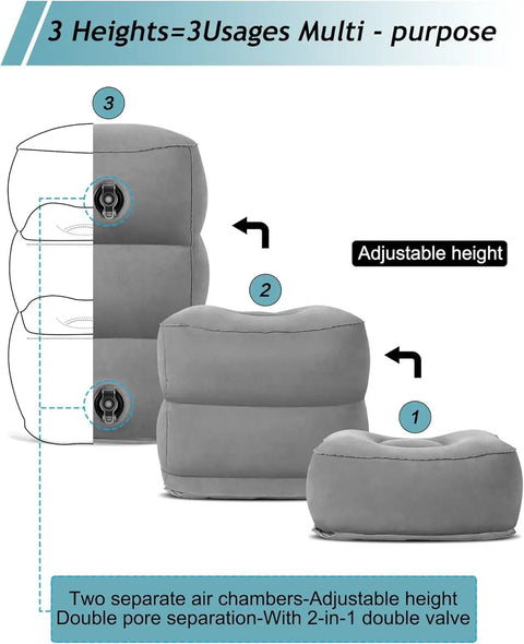 Inflatable Foot Rest Pillow For Travel And Home with adjustable three-layer design and dual valve system for height settings.