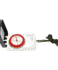 Orienteering Compass With Ruler And Mirror For Hikers, clear baseplate, red dial, with luminous pointer and green cord attachment.