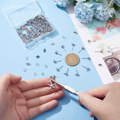 300 Piece Ball Post Earring Stud Kit With Butterfly Backs And Open Jump Rings For DIY Jewelry Making In Non Tarnish Stainless Steel 304 Pro Quality Ball Stud Findings in box