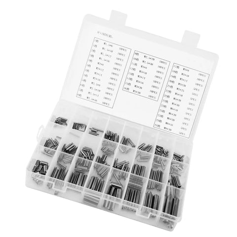 Heavy Duty Stainless Steel Spring Pins 280 Pack Set Sure Grip Tension Fasteners Rust Proof M6 M8 Sizes in storage box.