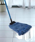 No-Sweat Heavy-Duty Mop Head Replacement, Screw-On Wet Industrial Cotton String Refill With Stiff Bristles, blue mop on wet tiles