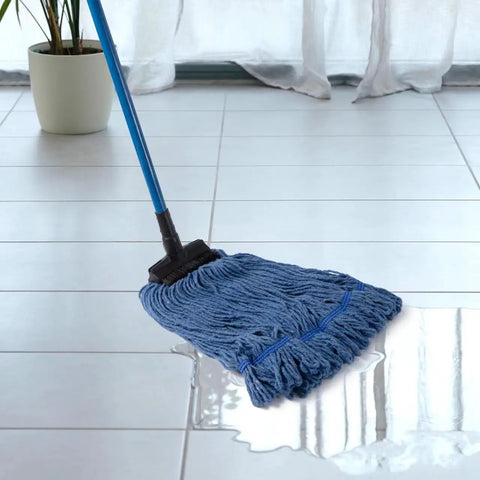 No-Sweat Heavy-Duty Mop Head Replacement, Screw-On Wet Industrial Cotton String Refill With Stiff Bristles, blue mop on wet tiles