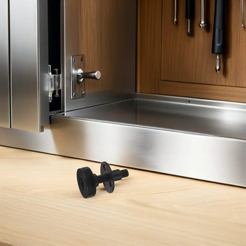 Beefy Adjustable Furniture Leveling Feet for Tables and Chairs, 4 Pack, shown on a wooden surface near metal cabinetry.