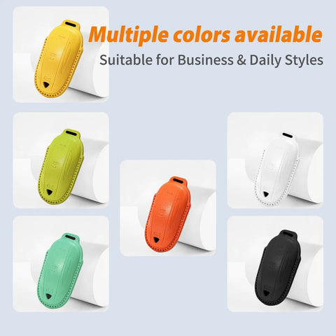 Premium Genuine Leather Key Fob Cover For Tesla Model X in multiple colors including yellow, green, orange, white, and black.