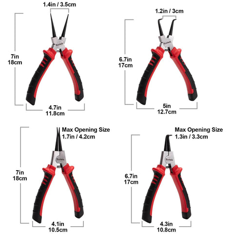 4 Piece Snap Ring Pliers Set For Internal And External Retaining Rings, 7 Inch Heavy Duty Circlip Pliers With Straight And Bent Jaws, Tip Diameter About 0.08 Inches, Includes Storage Pouch For Auto, Home And Industrial Use, four pliers with size specifications.