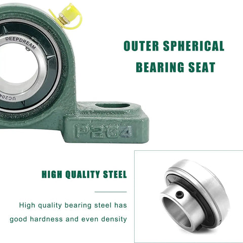 Close-up of Self Aligning Pillow Block Bearing Kit Four Pack UCP204-12 With Three Quarter Inch Bore, chrome steel material.