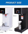 Pro Grade Electric Cup Sealer With Digital Lcd Counter And Sturdy Groove Base For Coffee Shops shown in white and black colors with size measurements.