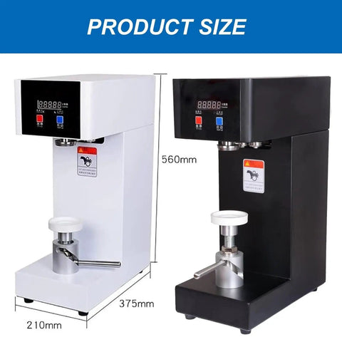 Pro Grade Electric Cup Sealer With Digital Lcd Counter And Sturdy Groove Base For Coffee Shops shown in white and black colors with size measurements.