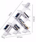 Acrylic Floating Bookshelf With Multi Layer Design Shaped Floor Shelf for living room or office, dimensions labeled